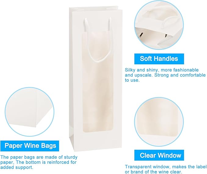 uxcell Wine Bags, 20pcs 4.92"x3.35"x14.2" Wine Gift Bags with Rope Handles, Paper Wine Tote Bag with Clear Window for Wedding Birthday Christmas Party Supplies, White
