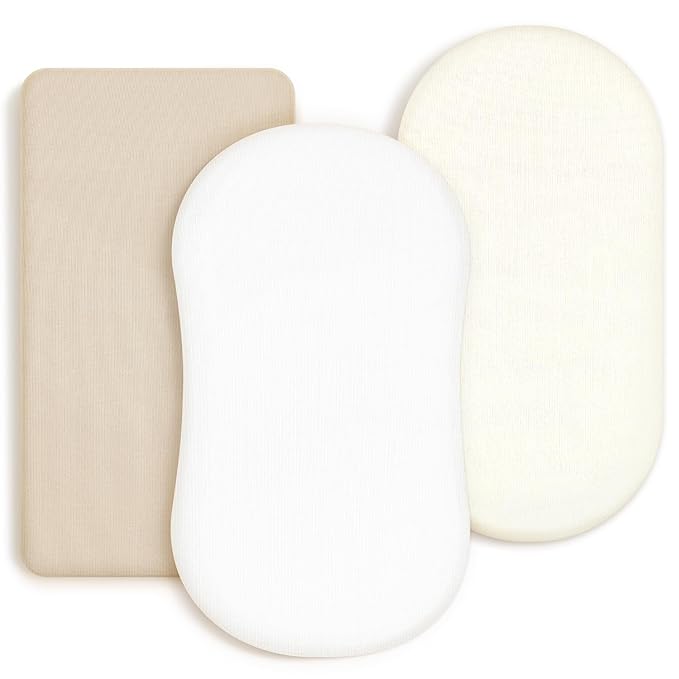 GRSSDER Stretchy Ultra Soft Fitted Bassinet Sheet 3 Pack, Universal Fit for Bassinets Baby Cradle Moses Basket Oval Rectangle Mattress Safe and Snug, Jersey Bassinet Sheets for Girls, Cream/Beige