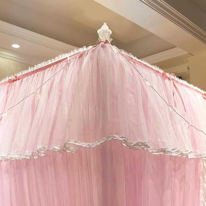 Mengersi Canopy Bed Curtains with Lights,4 Corner Bed Canopy Royal Luxurious Bed Drapes Netting,Princess Bed Curtains for Girls Adults Bedroom Decoration (Pink, King)