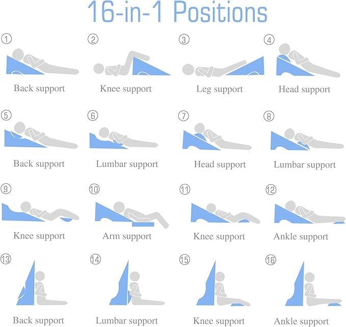 Bed Wedge Pillow for Sleeping, 6 & 7.5 & 10 Inch Adjustable Height Wedge Pillows for After Surgery, 16-in-1 Memory Foam Triangle Pillow Wedge Relieve Acid Reflux, Gerd, Snoring