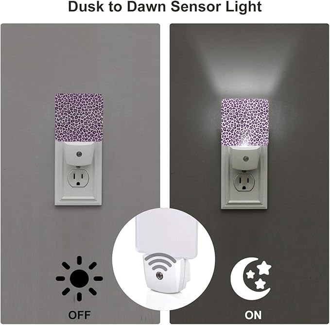 Purple Leopard Print Night Light for Kids Girls Plug into Wall Led Nightlight with Dusk to Dawn Sensor Compact Lamp Bedroom Bathroom Nursery Hallway Stairs Kitchen Home Decor