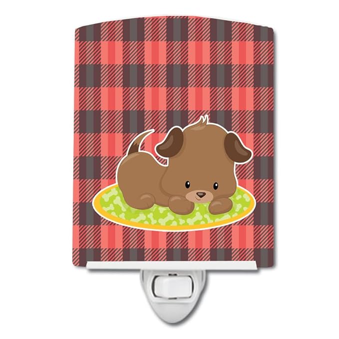 Caroline's Treasures BB7072CNL Puppy on Black Red Gingham Ceramic Night Light Compact, UL-Certified, Ideal for Bedroom, Bathroom, Nursery, Hallway, Kitchen, 6x4x3, Multicolor