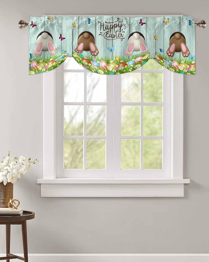 Spring Easter Blackout Tie Up Valance Curtains for Kitchen Windows Funny Bunny Tails Rabbit Window Toppers Balloon Shades for Living Room/Bathroom/Bedroom,1 Panel, 42" X 12",Floral Farmhouse