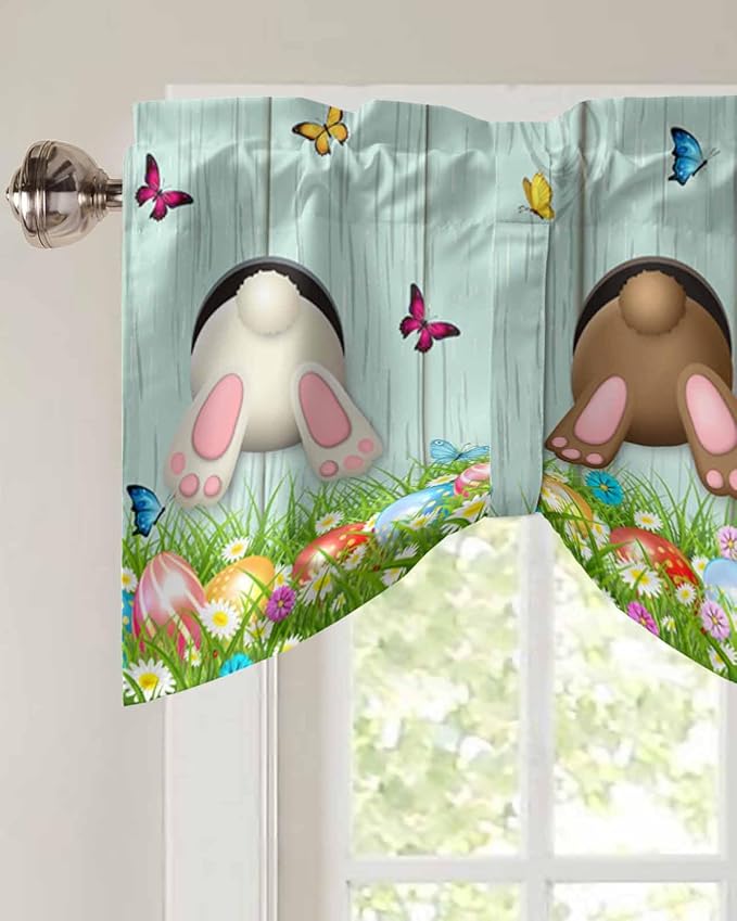 Spring Easter Blackout Tie Up Valance Curtains for Kitchen Windows Funny Bunny Tails Rabbit Window Toppers Balloon Shades for Living Room/Bathroom/Bedroom,1 Panel, 42" X 12",Floral Farmhouse
