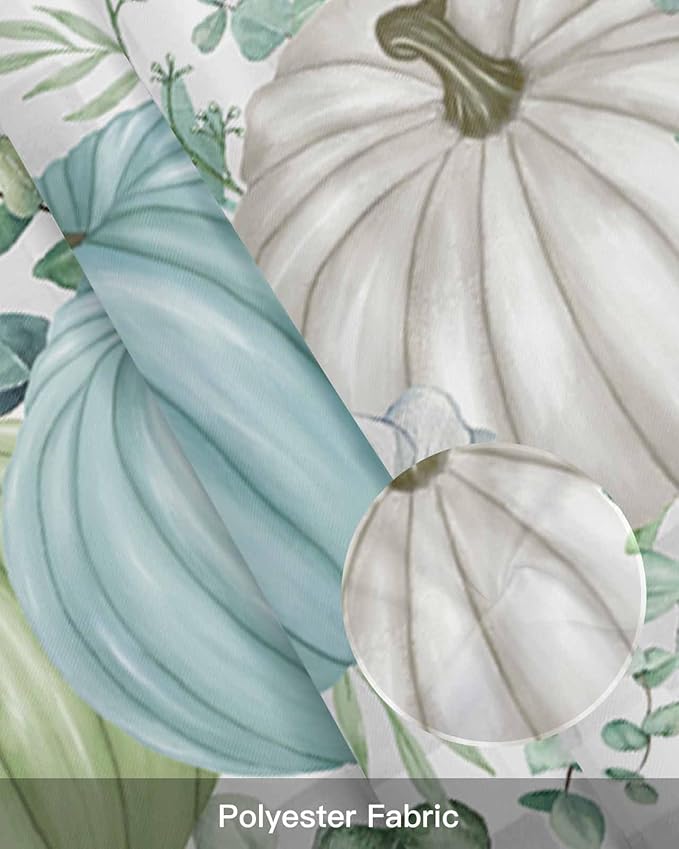 Fall Thanksgiving Kitchen Curtains Valances for Windows Autumn Pumpkins Eucalyptus Leaves Rod Pocket Window Treatment for Kitchen /Living Room/Bedroom/ Bathroom, 60" X 18", White Blue Green Gray Plaid