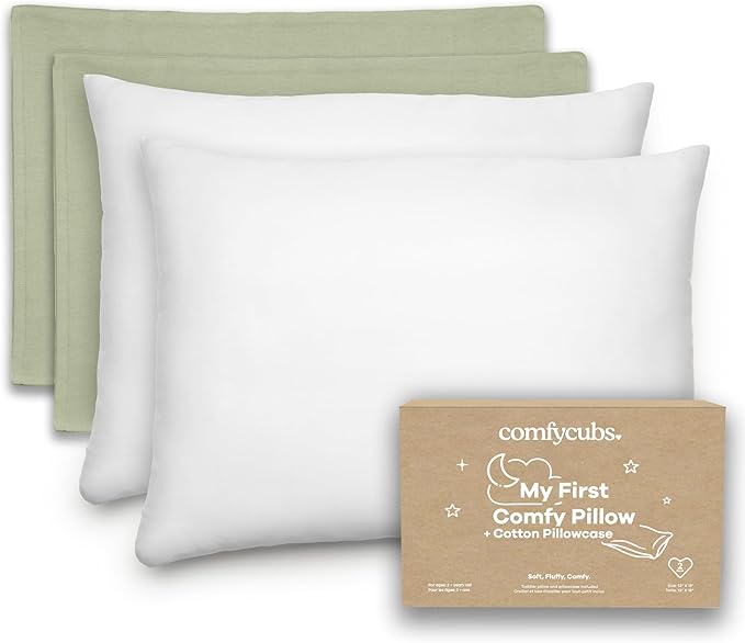 Comfy Cubs Toddler Pillow with Soft Cotton Pillowcase, 13"x18", Sage (2 Pack) - Kids Pillow for Sleeping & Travel - Comfortable Small Pillow - Kids Travel Pillow with Breathable Microfiber Fill