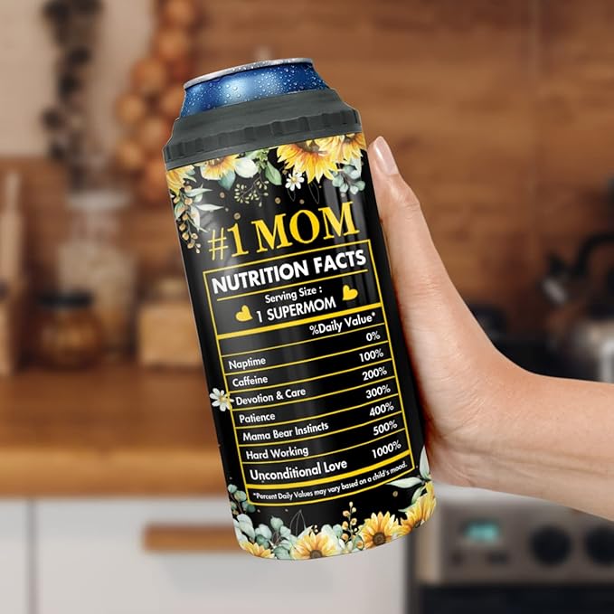 winorax Mom Gifts Mama Bear Tumbler 4-in-1 Can Cooler Mom Nutrition Facts Tumblers Sunflower Style Stainless Steel 16oz Travel Cup Mother's Day Christmas Birthday Gifts from Daughter Son