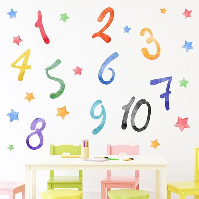 Mfault Watercolor Arabic Numbers 1-10 Learning Wall Decals Stickers, Educational Counting Stars Nursery Classroom Decorations Bedroom Playroom Art, Neutral Toddlers Kids Children Room Daycare Decor