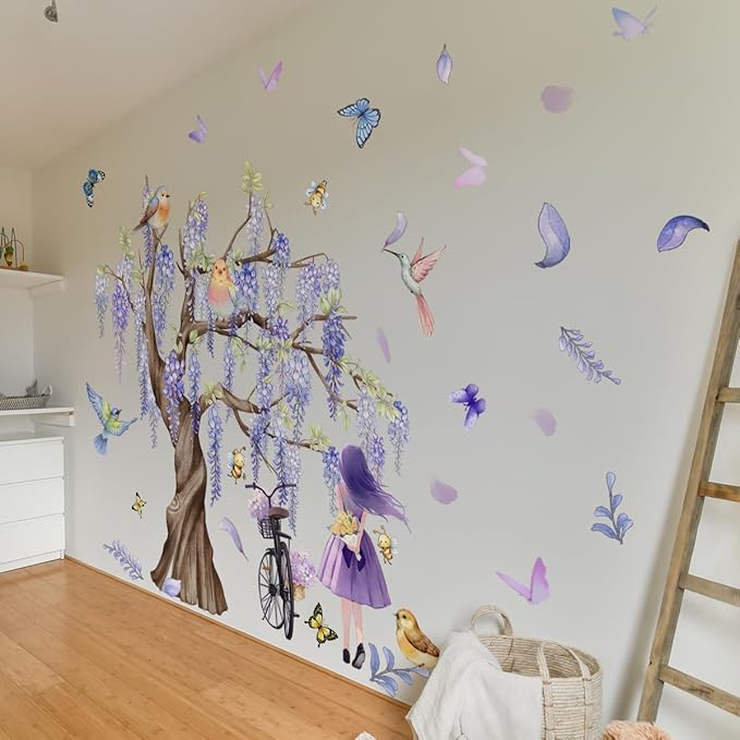 GGCC 7 FLAG Purple Theme Wall Stickers Set - Stylish Home Decor with Tree, Bird, Butterflies, and Flowers