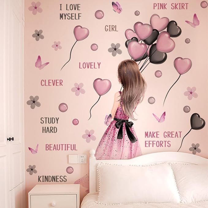 Girly Wall Decals - Pink Dress & Balloons Design, 90cm x 35.43cm, Perfect for Kids' Room