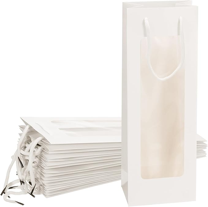 uxcell Wine Bags, 12pcs 4.92"x3.35"x14.2" Wine Gift Bags with Rope Handles, Paper Wine Tote Bag with Clear Window for Wedding Birthday Christmas Party Supplies, White