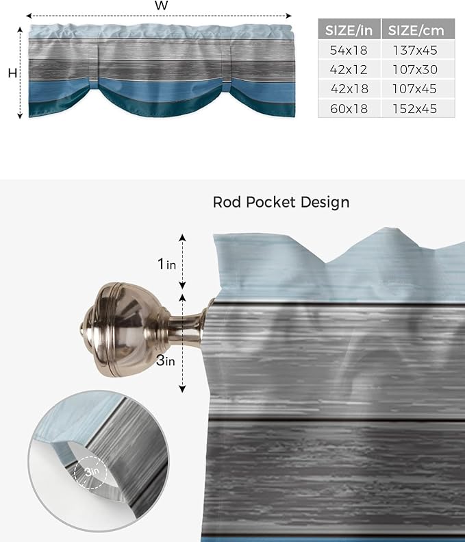 Farmhouse Blackout Tie Up Valance Curtains for Kitchen Windows,Blue Gray Ocean Hues Window Toppers Balloon Shades for Living Room/Bathroom/Bedroom,1 Panel,54" X 18" Retro Rustic Barn Wood Texture