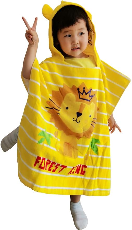 TONWHAR Kids Bath/Pool/Beach Hooded Poncho Towel-Cartoon Animal Pattern Cotton Beach Towel for Baby and Kids (Lion, 1-4 Years/Height:33.4"-43.3")
