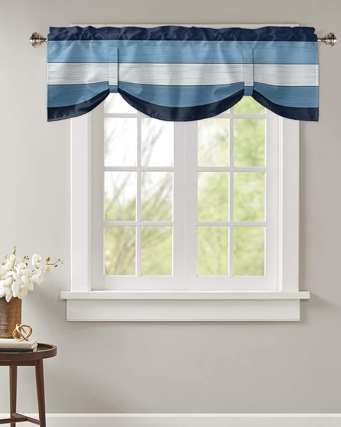 Farmhouse Blackout Tie Up Valance Curtains for Kitchen Windows,Navy Sky Blue White Window Toppers Balloon Shades for Living Room/Bathroom/Bedroom,1 Panel,54" X 18" Retro Rustic Barn Wood Texture
