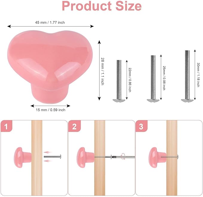 Cute Glossy Dresser Knobs Pink Ceramic Drawer Door Knobs Love Heart Shape Cabinet Cupboard Pull Handles Lovely Hardware Closet Knobs for Kids Girls Children's Bedroom (Bright Pink-6pack)