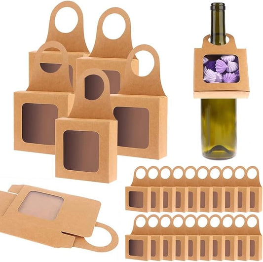 Dudnbt 30 PCS Kraft Paper Wine Bottle Box with Window 3.5 x 3.5 x 1.2 Inches for Gifts Empty Wine Bottles for Decoration Bottle Hanger Favor Box for holding Candy Truffles Chocolate Cookies (Cowhide)