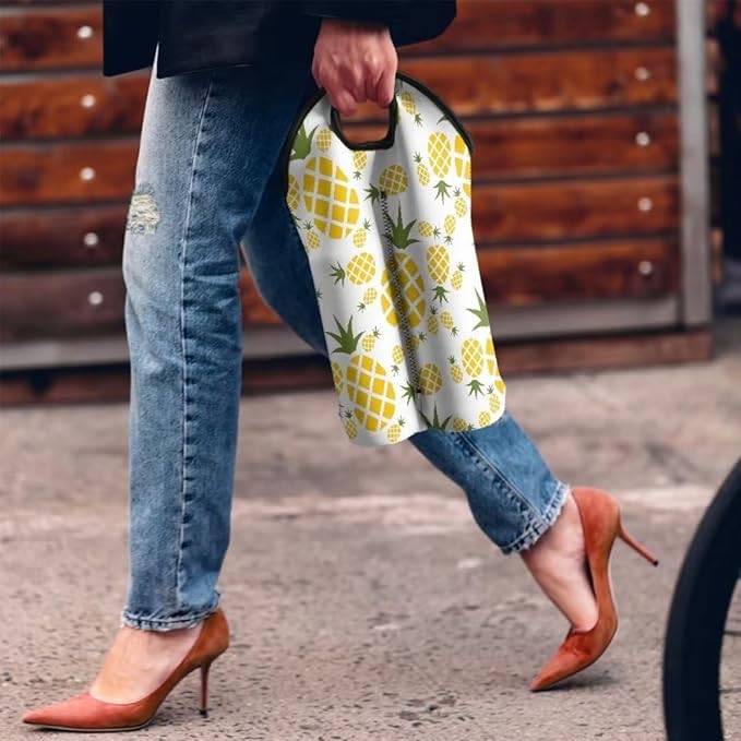 doginthehole Pineapple Print Neoprene Wine Bag Two Bottle Wine Gift Tote Bags Wine Carry Holder 750ML Portable Water Drinks Beer Insulated Bag for Travel, Picnic, Party