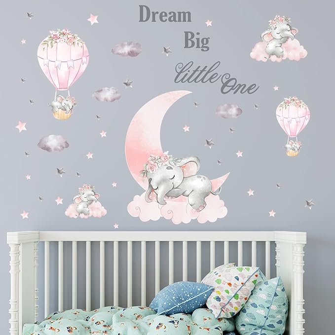 Dream Big Little One Elephant Wall Stickers - Pink & Gray Design, 110cm x 43.3in