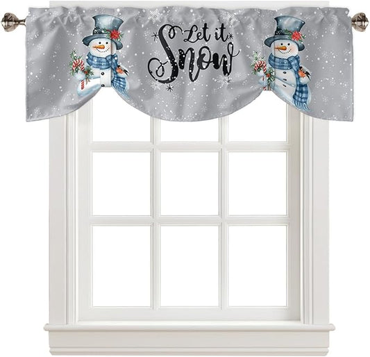 Snowman Christmas Blackout Tie Up Valance Curtains for Kitchen Windows Let It Snow Winter Holiday Window Toppers Balloon Shades for Living Room/Bathroom/Bedroom,1 Panel, 54" X 18", Grey White