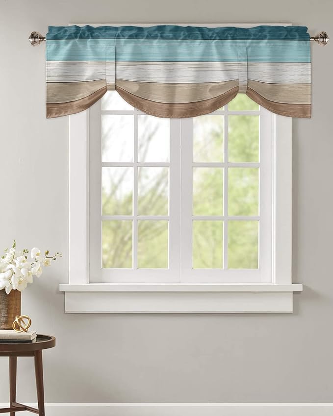 Farmhouse Blackout Tie Up Valance Curtains for Kitchen Windows,Teal Blue Brown Beach Window Toppers Balloon Shades for Living Room/Bathroom/Bedroom,1 Panel,60" X 18" Retro Rustic Barn Wood Texture