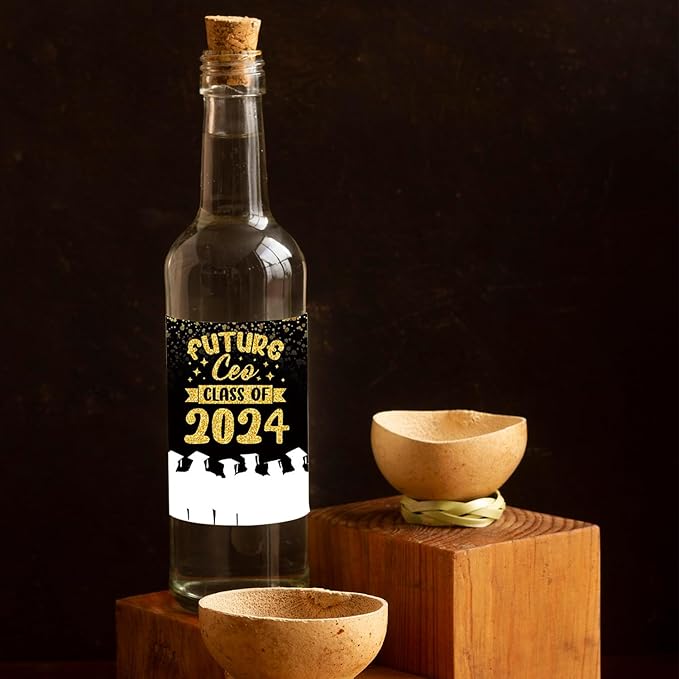 8 Pieces 2024 Graduation Wine Bottle Labels Class of 2024 Wine Bottle Stickers Black Golden Congrats Grad Wine Bottle Cover Decorations for College University Graduation Party Supplies
