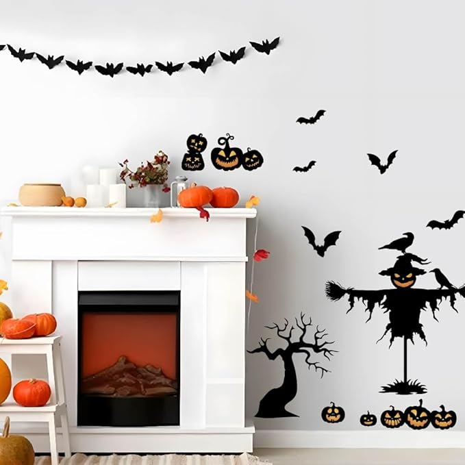 SUPERDANT Halloween Wall Stickers Pumpkin Scarecrow Wall Decals Crows Trees Wall Sticker Halloween Stickers for Kids Halloween Window Decoration for Halloween Party Decorations
