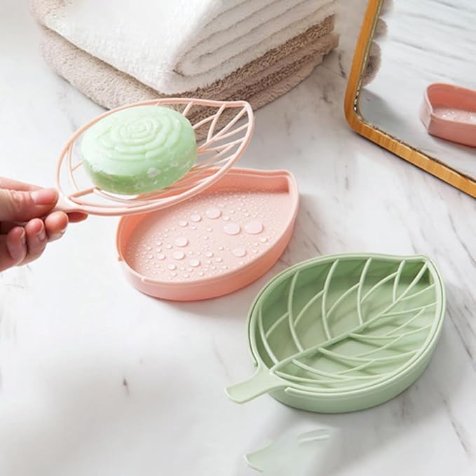 Creative Leaf Shape Soap Box, Double Layer Plastic Soap Holder, Soap Case Soap Dish，Green
