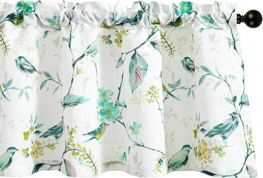 Leeva Birds Vines Printed Curtains Valance for Kitchen Bath Laundry Bedroom Living Room, Rod Pocket Semi-Blackout Valances for Windows, 52 x 18 Inch, Green Birds, One Panel