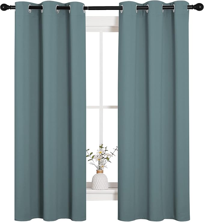 NICETOWN Modern Blackout Curtains Noise Reducing, Thermal Insulated and Privacy Room Darkening Drape Panels for Boy's Guest Room Door Small Short Window (Greyish Blue, 2 Panels, W34 x L63 -Inch)