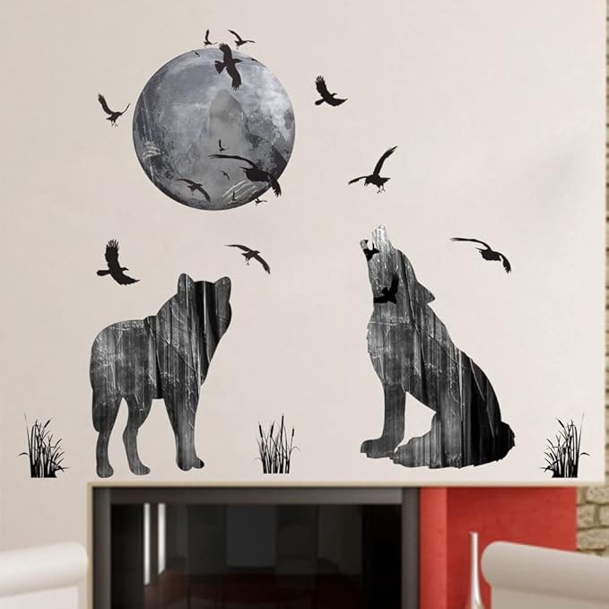 Wall Stickers Wolf and Moon Wall Decor Decal Art Animal Murals Removable PVC DIY Wall Decoration Paper Poster for Bedroom Kitchen Living Room Nursery Rooms Offices
