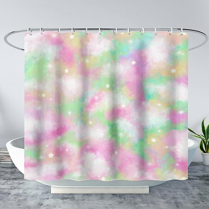 AILONEN Colorful Space Shower Curtain,Glitter Star Waterproof Fabric Shower Curtain Set for Girls Kids Teens, 60" W*72" H Fantasy Starry Sky Theme Bathroom Decor