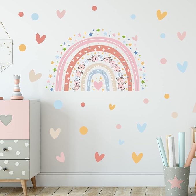 Large Boho Watercolor Rainbow Wall Decals Boho Love Stars Flowers Rainbow Wall Stickers for Girls' Room Kids Baby Nursery Bedroom Living Room Playroom Classroom Wall Decor