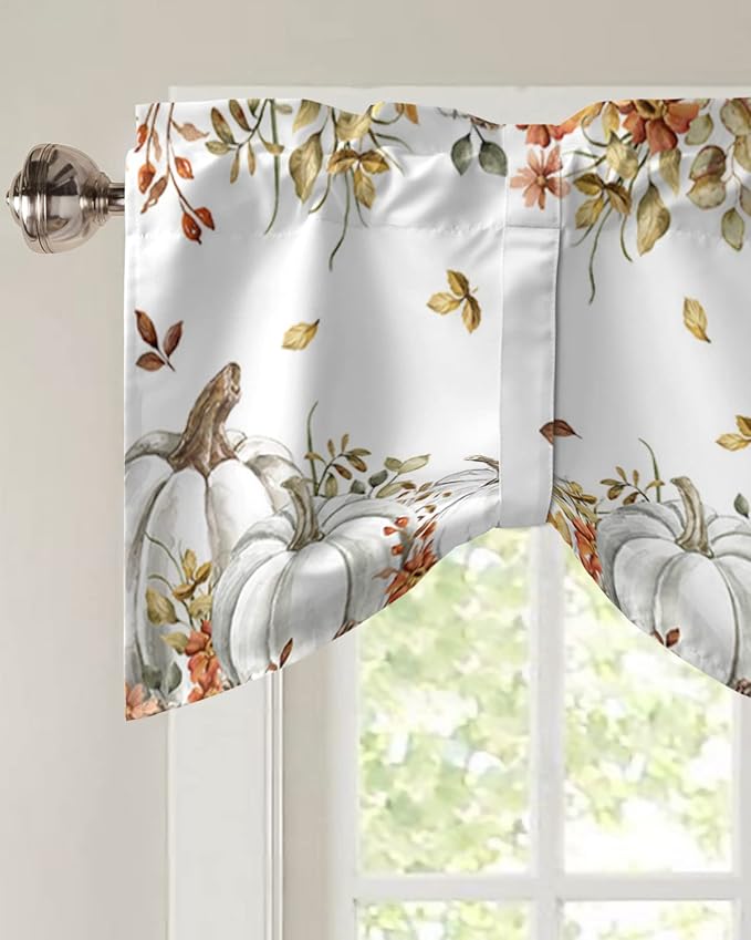 Fall Floral Leaves Blackout Tie Up Valance Curtains for Kitchen Windows Thanksgiving Pumpkins Window Toppers Balloon Shades for Living Room/Bathroom/Bedroom,1 Panel,42" X 18" Boho