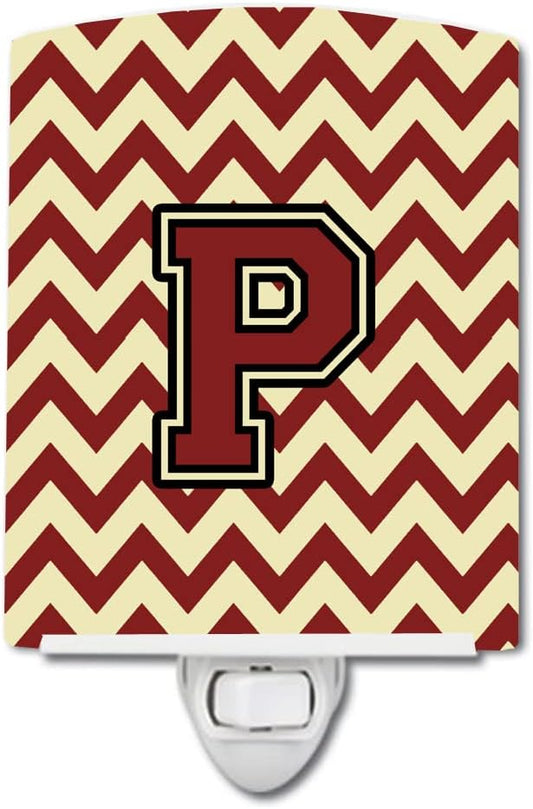 Caroline's Treasures CJ1061-PCNL Letter P Chevron Maroon and Gold Ceramic Night Light Compact, UL-Certified, Ideal for Bedroom, Bathroom, Nursery, Hallway, Kitchen, 6x4x3, Multicolor