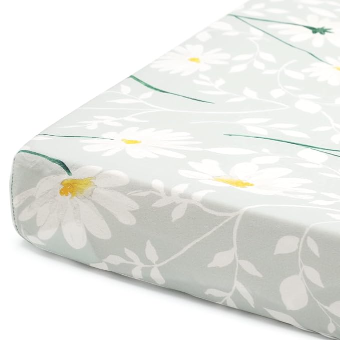 GRSSDER Stretchy Ultra Soft Jersey Knit Fitted Pack n Play Sheets Set 2 Pack, Universal Fitted Portable Pack and Play/Mini Cribs Sheets for Girls, Stylish Watercolor Daisy Flower