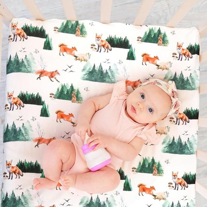 4 Pack Woodland Forest Animals Wood Neutral Unisex Fitted Baby Crib Sheets Set for Baby Boys or Girls (Paint Fox, 52 * 28)