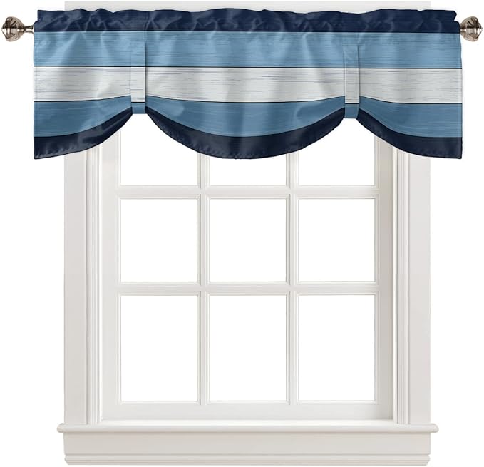 Farmhouse Blackout Tie Up Valance Curtains for Kitchen Windows,Navy Sky Blue White Window Toppers Balloon Shades for Living Room/Bathroom/Bedroom,1 Panel,60" X 18" Retro Rustic Barn Wood Texture