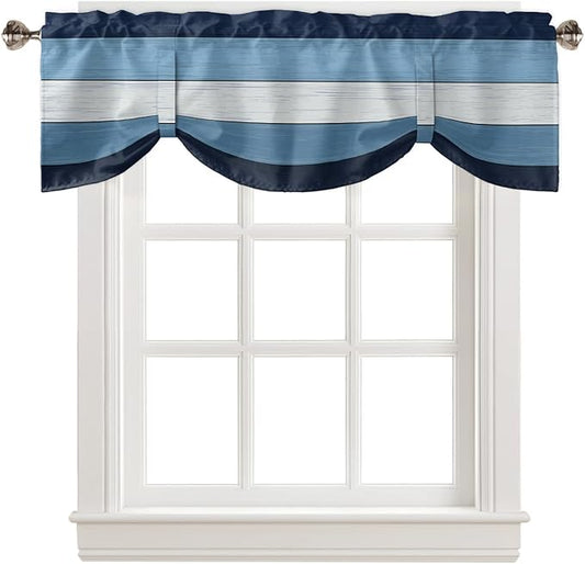 Farmhouse Blackout Tie Up Valance Curtains for Kitchen Windows,Navy Sky Blue White Window Toppers Balloon Shades for Living Room/Bathroom/Bedroom,1 Panel,60" X 18" Retro Rustic Barn Wood Texture