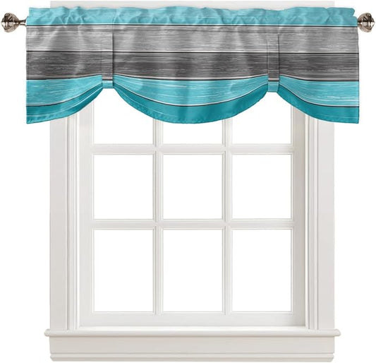 Farmhouse Blackout Tie Up Valance Curtains for Kitchen Windows, Aqua Blue Gray Window Toppers Balloon Shades for Living Room/Bathroom/Bedroom,1 Panel,54" X 18" Retro Rustic Barn Wood Texture