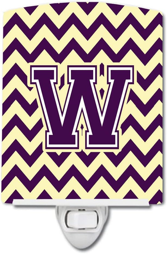 Caroline's Treasures CJ1058-WCNL Letter W Chevron Purple and Gold Ceramic Night Light Compact, UL-Certified, Ideal for Bedroom, Bathroom, Nursery, Hallway, Kitchen, 6x4x3, Multicolor