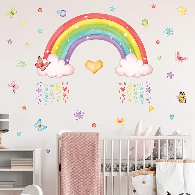 Rainbow Wall Decals Colourful Butterflies Cloud Wall Stickers Girls Bedroom Baby Nursery Playroom Wall Decor Gifts for Girls