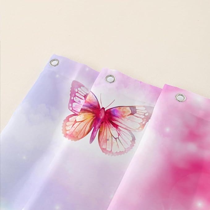 AILONEN Butterflies Shower Curtain Set, Colourful Butterfly Washable Fabric Shower Curtain for Girls,Shining Stars Waterproof Shower Curtain for Pink Lover,60" W*72" H