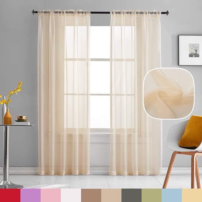 Beige Sheer Curtains 84 Inches long 2 Panels Translucent Light Filtering Rod Pocket Beige Sheers Voile Curtain Panels for Bedroom Living Room 52x84 Inch Length