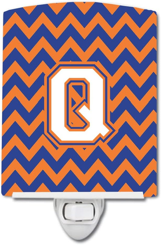 Caroline's Treasures CJ1060-QCNL Letter Q Chevron Blue and Orange #3 Ceramic Night Light Compact, UL-Certified, Ideal for Bedroom, Bathroom, Nursery, Hallway, Kitchen, 6x4x3, Multicolor