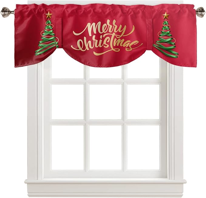Merry Christmas Blackout Tie Up Valance Curtains for Kitchen Windows Christmas Tree Window Toppers Balloon Shades for Living Room/Bathroom/Bedroom,1 Panel,42" X 12" Winter Holidays