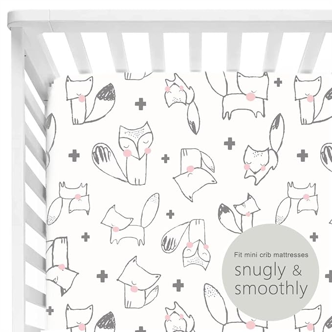GRSSDER Stretchy Ultra Soft Jersey Knit Pack n Play Sheets Set 2 Pack, Portable/Mini Cribs Playard Sheets, Cute Foxes and Rabbits for Baby Girls and Boys