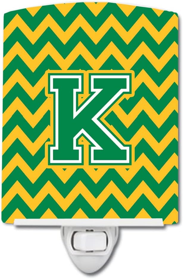 Caroline's Treasures CJ1059-KCNL Letter K Chevron Green and Gold Ceramic Night Light Compact, UL-Certified, Ideal for Bedroom, Bathroom, Nursery, Hallway, Kitchen, 6x4x3, Multicolor