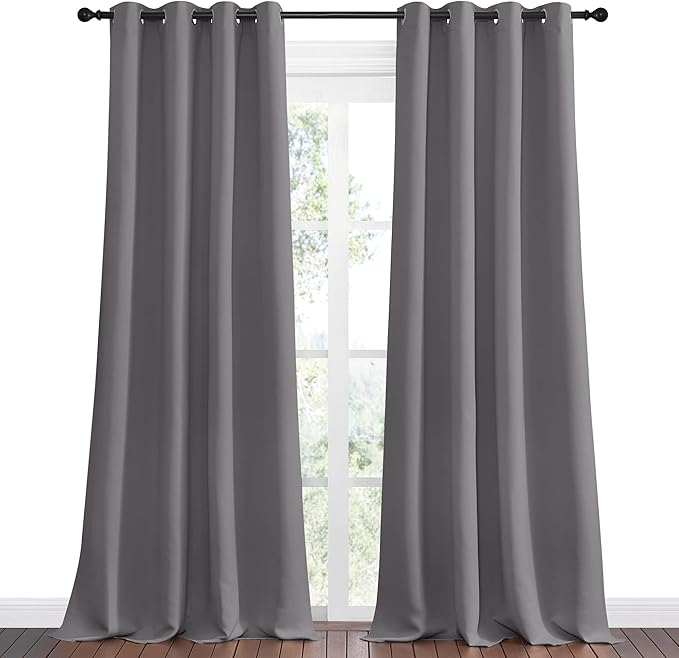 NICETOWN Bedroom Blackout Curtains Panels, 1 Pair, 55 inches by 108 Inch, Grey, Triple Weave Energy Saving Thermal Insulated Solid Grommet Blackout Draperies for Patio
