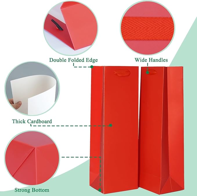 KEYYOOMY Wine Gift Bags - 10 Pack Red Kraft Paper Wine Bottle Gift Bags with Handles for Wedding Birthday Housewarming Christmas Party Supplies(10CT,13.8x4.3x3.5 IN,Red)