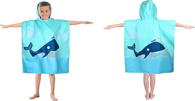 Kids Whale Hooded Beach Towel Boys Girls Cute Poncho Beach Pool Towels with Hood 24*62" Soft Microfiber Swim Cover-ups for Kids Ages 3-10 Thick Absorbent Cotton Hooded Bath Towels Bathrobe
